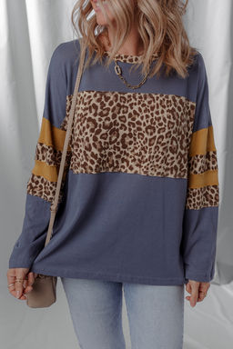 PARTIQ - Dark Blue Leopard Patchwork Long Sleeve Top