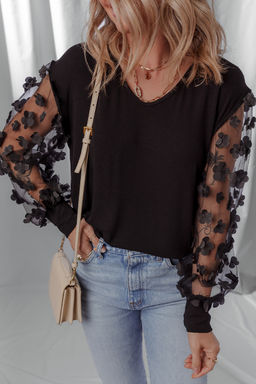 PARTIQ - Black Flower Applique Mesh Long Sleeve V Neck Top