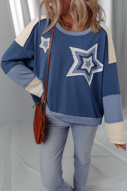 PARTIQ - Dark Blue Contrast Knitted Colorblock Star Patchwork Oversize Long Sleeve Top