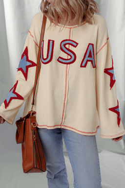 PARTIQ - Beige USA Star Contrast Patchwork Exposed Seam Long Sleeve Top