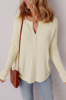 PARTIQ - Yellow Textured Knit Half Buttons Henley Top