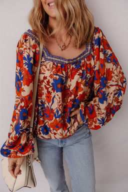 PARTIQ - Multi-Color Floral Print Square Neck Backless Loose Fit Blouse