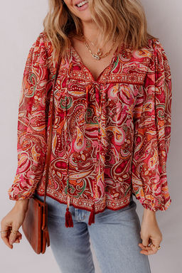 PARTIQ - Red Ethnic Printed Tassel Tie Full Sleeve Boho Top
