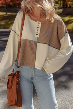 PARTIQ - Beige Color Block Waffle Knit Stitch Detail Long Sleeve Top