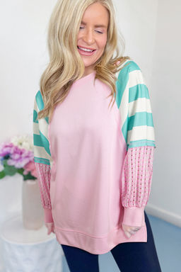 PARTIQ - Pink Bonbon Striped Colorblock Patchwork Raglan Pullover Top with Slits