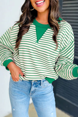 PARTIQ - Bright Green Striped Exposed Seam Patchwork Loose Pullover Top