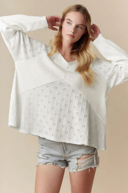 PARTIQ - White Twisted Rib Patchwork Embroidered Loose V Neck Long Sleeve Top