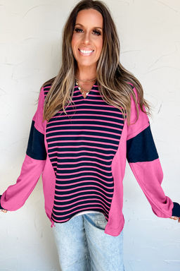 PARTIQ - Pink Stripe Color Block V Neck Loose Fit Long Sleeve Top