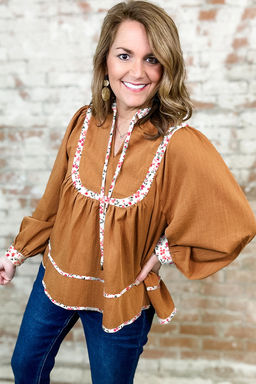 PARTIQ - Mustard Straw Split Neck Pleated Floral Trim Long Puff Sleeve Blouse