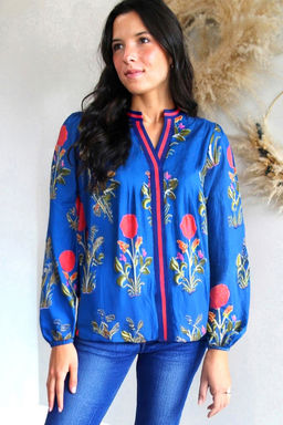 PARTIQ - Blue Floral Print Contrast Striped Trim Notched Neck Long Sleeve Blouse