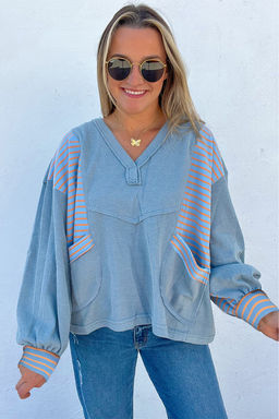 PARTIQ - Dusk Blue Exposed Seam Waffle Striped Patchwork Baggy Pullover