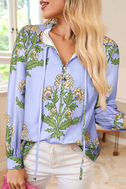 PARTIQ - Purple Floral Print Button Tie Neck Long Puff Sleeve Blouse
