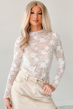 PARTIQ - White Sheer Floral Lace Mesh Mock Neck Long Sleeve Top