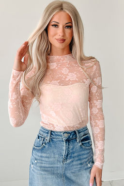 PARTIQ - Apricot Pink Sheer Floral Lace Mesh Mock Neck Long Sleeve Top