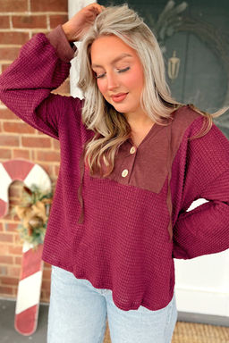 PARTIQ - Racing Red Waffle Patchwork Drop Shoulder Hooded Long Sleeve Top