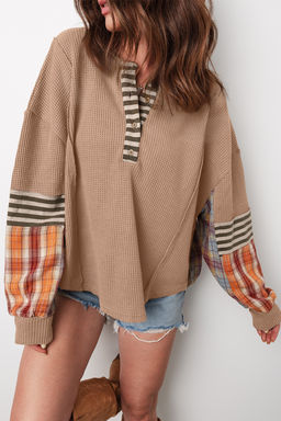 PARTIQ - Beige Straw Waffle Stripe Plaid Patchwork Henley Knit Top