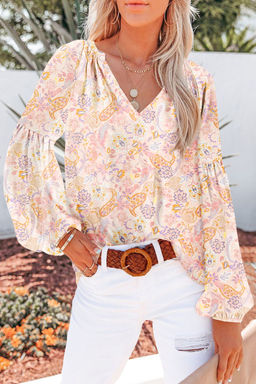 PARTIQ - Beige Apricot Paisley Print V Neck Long Full Sleeve Top