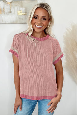 PARTIQ - Light Pink Textured Contrast Trim Round Neck T Shirt