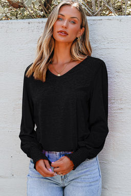 PARTIQ - Black Shirred Shoulder Frilled Cuffs Long Sleeve Top