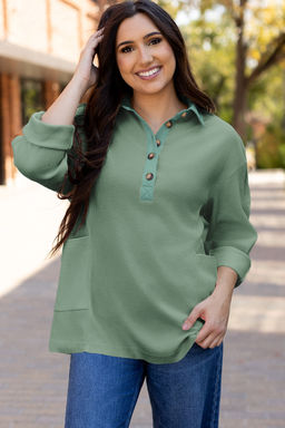 PARTIQ - Smoke Green Waffle Long Sleeve Collar Half Button Loose Top