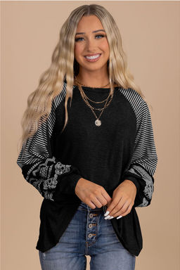 PARTIQ - Black Contrast Print Striped Raglan Long Sleeve Loose Top