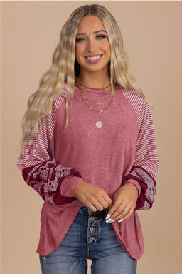 PARTIQ - Mineral Pink Contrast Print Striped Raglan Long Sleeve Loose Top
