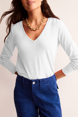 PARTIQ - White Solid Color V Neck Long Sleeve Stretchy Top