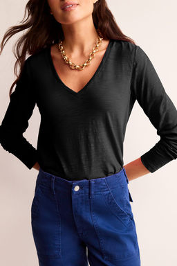 PARTIQ - Black Solid Color V Neck Long Sleeve Stretchy Top