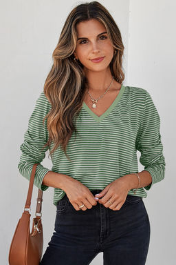 PARTIQ - Green Stripe V Neck Stretchy Long Sleeve Top
