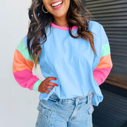 PARTIQ - Blue Colorblock Patchwork Long Sleeve Loose Top