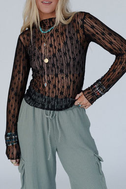 PARTIQ - Black Sheer Floral Lace Long Sleeve Slim Fit Top