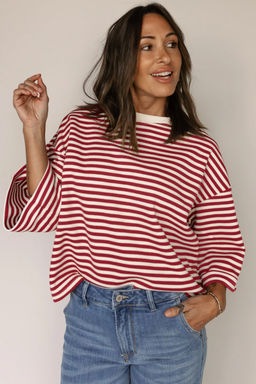 PARTIQ - Red Stripe Bowknot Cutout Back Drop Shoulder Wide Bracelet Sleeve Loose Tee