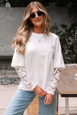 PARTIQ - White Lace Long Sleeve Insert Drop Shoulder Tee