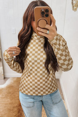 PARTIQ - Khaki Check Pattern Turtleneck Ribbed Slim Long Sleeve Tee