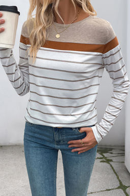 PARTIQ - White Stripe Colorblock Long Sleeve Round Neck Tee