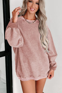 PARTIQ - Pink Solid Ribbed Knit Round Neck Pullover Sweatshirt