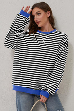 PARTIQ - White Stripe Oversized Contrast Trim Pullover Sweatshirt