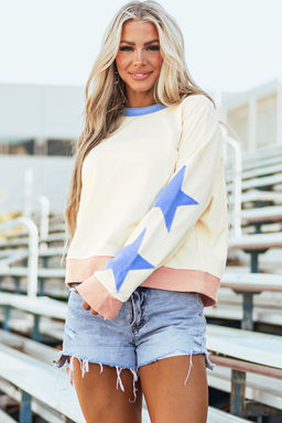 PARTIQ - Beige Star Patchwork Exposed Seam Oversized Sweatshirt