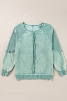 PARTIQ - Green Solid Waffle Knit Patchwork Raglan Sleeve Sweatshirt