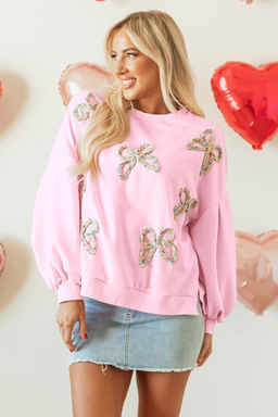 PARTIQ - Light Pink Embroidered Bow Lantern Sleeve Oversized Pullover Sweatshirt