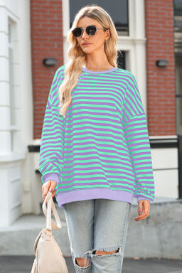 PARTIQ - Green Stripe Contrast Ribbed Trim Crossed Stitch Drop Shoulder Sweatshirt