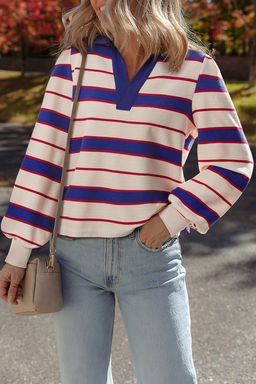 PARTIQ - Blue Stripe Color Block V Neck Loose Fit Sweatshirt