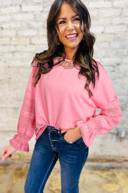 PARTIQ - Sachet Pink Drop Shoulder Lace Ruffled Sleeve Patchwork Loose Sweatshirt