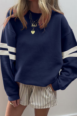PARTIQ - Navy Blue Varsity Striped Detail Drop Shoulder Oversized Sweatshirt