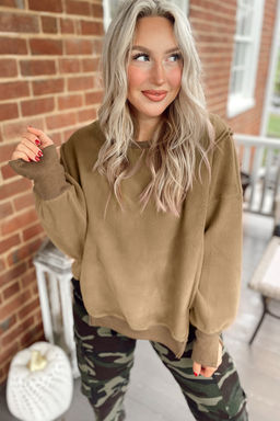 PARTIQ - Dark Khaki Fuzzy Sherpa Splicing Pullover Sweatshirt with Side Slit