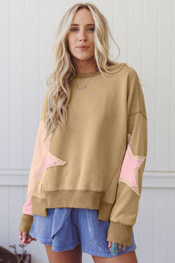 PARTIQ - Green Contrast Star Patchwork Exposed Seam Uneven Hem Drop Shoulder Sweatshirt