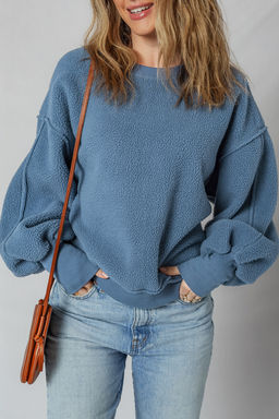PARTIQ - Sail Blue Fleece Exposed Seam Patchwork Casual Sweatshirt