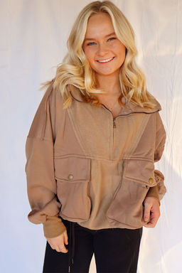 PARTIQ - Beige Exposed Seam Side Pockets Half Zipper Baggy Sweatshirt