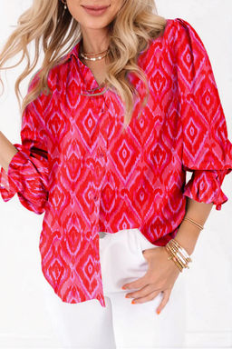 PARTIQ - Strawberry Pink Western Aztec Geometric Ruffled 3/4 Sleeve Shirt