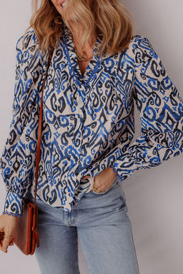 PARTIQ - Blue Bohemian Print V Neckline Detail Long Sleeve Shirt